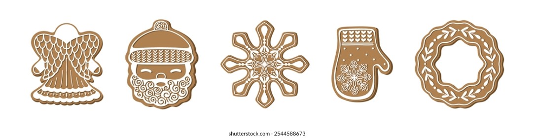 Set of isolated gingerbread cookies. Traditional Christmas sweets. Vector flat illustration. Angel, santa, snowflake, mitten, wreath. Christmas food icons