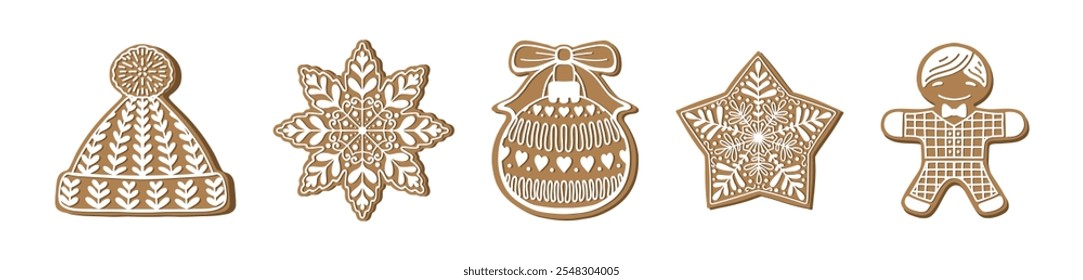 Set of isolated gingerbread cookies. Traditional Christmas sweets. Vector flat illustration. Snowflake, hat, ornament, star, gingerbread man. Christmas food icons