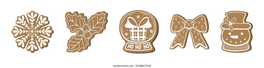 Set of isolated gingerbread cookies. Traditional Christmas sweets. Vector flat illustration. Snowflake, holly, snowman; bow, snowball. Christmas food icons