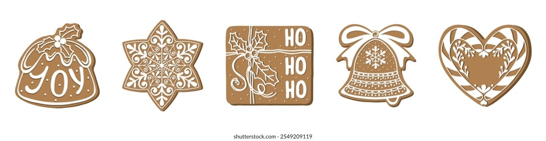 Set of isolated gingerbread cookies. Traditional Christmas sweets. Vector flat illustration. Pudding, gift,  snowflake, bell, heart, candy cane. Christmas food icons