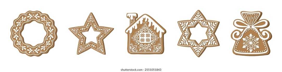 Set of isolated gingerbread cookies. Traditional Christmas sweets. Vector flat illustration. Wreath, star, house, present. Christmas food icons