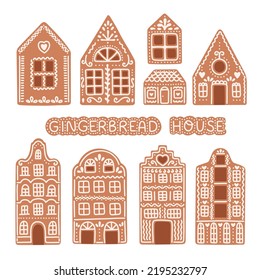 Set of isolated gingerbread houses. Traditional Christmas cookies. Vector flat illustration