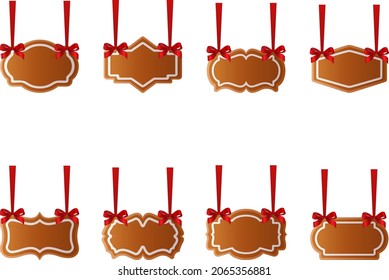 conjunto de etiquetas aisladas de jengibre. carteles de navidad con arcos y cintas rojas