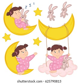 set of isolated girl on moon - vector illustration, eps
