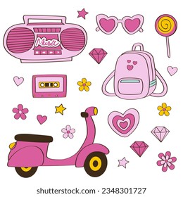 set of isolated girl stickers, record player, moped, backpack, sunglasses