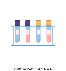 Set Of Isolated Glass Tube Test With Blood. Covid-19 Test. Blood Samples. Icons. Coronavirus Test. Flu Analysis For Laboratory. Vector Illustration