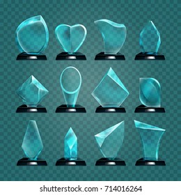 Set Of Isolated Glassware Cups Or Transparent Glass Trophy In Shape Of Rhombus And Heart, Circle And Hexadecimal. Victory Or Championship Award, Sport Or Success Sign. Prize And Winning Ceremony Theme