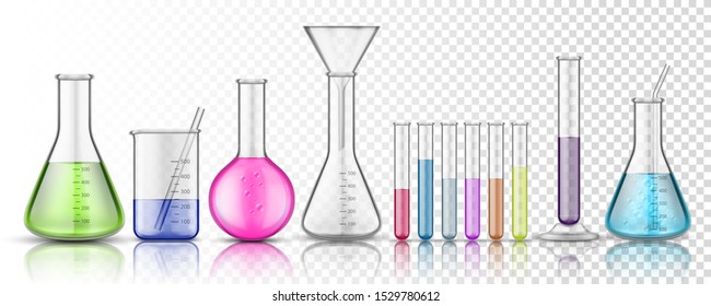 Set of isolated glassware flask or glass bottle for chemistry on transparent background. Test tube for chemical laboratory or science lab, medicine or pharmacology liquid, fluid measurement. Biology