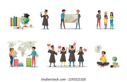 Set with isolated global education student exchange cartoon compositions with human characters education materials world map vector illustration