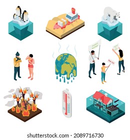 Conjunto de íconos isométricos aislados del calentamiento global con personajes humanos de activistas y situaciones de desastres climáticos ilustración vectorial