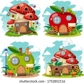 Set of isolated gnome fairy tale houses cartoon style on white background illustration