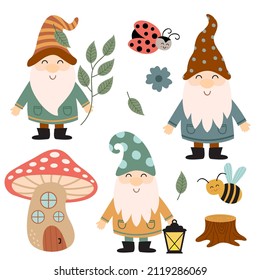 set of isolated gnome, mushroom house and other forest elements