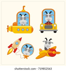 Set of isolated goat in various transport: airplane, submarine, car, space rocket.