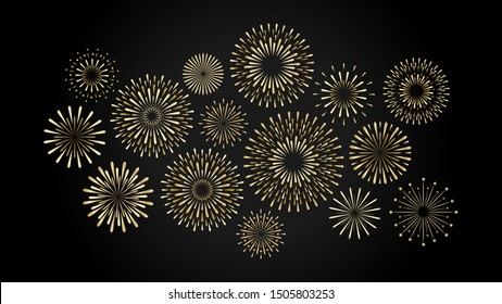 Set Of Isolated Gold Festive Fireworks On A Black Background. Vector Flat Illustration.