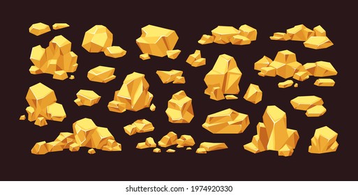 Set of isolated gold mine nuggets and rocks. Piles and heaps of golden gem stones. Solid jewels of natural shapes. Big and small shiny crystals of gemstones. Colored flat vector illustration