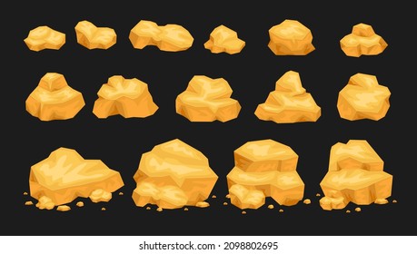 Set of isolated gold mine nuggets and rocks. Natural gems, golden mines elements. 3d gaming rocks, natural gemstones isolated on black.