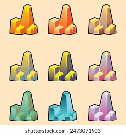 Set of isolated gold mine nuggets and rocks. Piles and heaps of golden gem stones. Solid jewels of natural shapes. Big and small shiny crystals of gemstones. Colored flat vector illustration