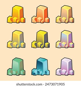 Conjunto de pepitas de oro aisladas y rocas. Pilas y montones de piedras preciosas. Joyas sólidas de Formas naturales. Grandes y Pequeños cristales brillantes de piedras preciosas. Ilustración vectorial plana de color