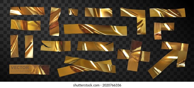 Conjunto de cintas de oro aisladas sobre un fondo transparente. Piezas realistas de cinta adhesiva de oro o cinta adhesiva para acoplar. Ilustración vectorial 3D realista.