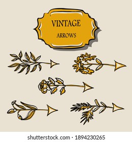 Set of isolated golden arrows for postcards, fabrics, desktop, site decoration. Vintage, art deco. Isolated vector images.