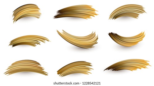 Set of isolated golden brush strokes drawn on white backdrop. Creative design template. Vector background.