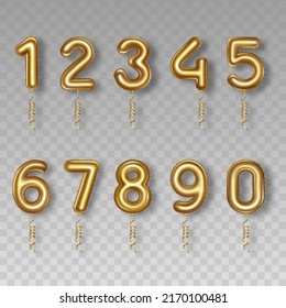 set of isolated golden number balloons 0 to 9. realistic helium balloons illustration for party, wedding, birthday and holidays