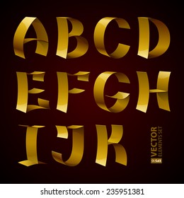 Set of isolated golden shiny ribbon font A-K letters. RGB EPS 10 vector illustration