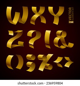 Set of isolated golden shiny ribbon font W-Z letters and punctuation marks. RGB EPS 10 vector illustration