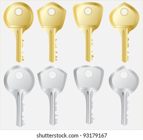 set isolated golden and silver key silhouette
