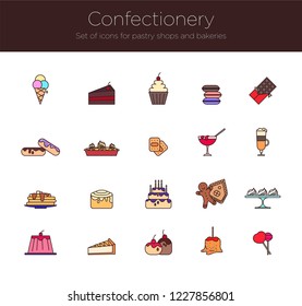 Set of isolated, graceful, vector confectionery icons. Sweets, cakes and pastries.