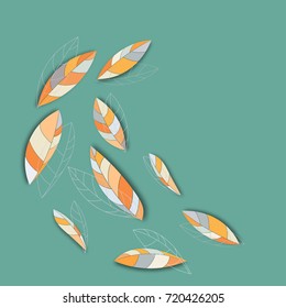 Set of isolated graphic leaves with shadows on a teal background. Dark orange, sandy brown and coral leaves
