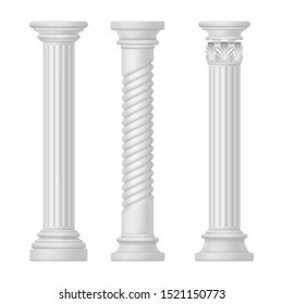 Set of isolated greek and roman, egypt columns. Doric and corinthian, tuscan or romanesque column. Ancient greece and rome pillar. Antique classic historical monument for temple. Old mediterranean art