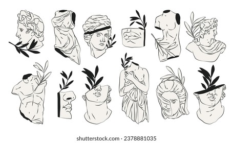 Set of isolated greek statues or sculptures. Vector fragment of ancient greece moment. Body or torso, head classical element. Europe history design. Man and woman statue piece. Historical art theme