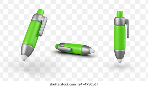 Set of isolated green ballpoint pens in different positions. Plastic object for writing