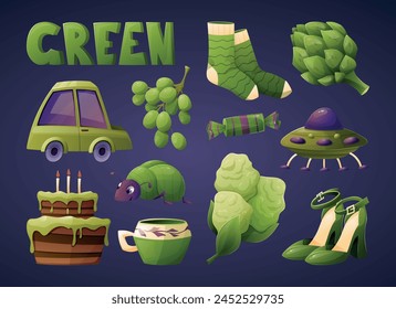 A set of isolated green elements for children to study colors. Children's book or textbook for preschoolers. Collection of vector cartoon elements.