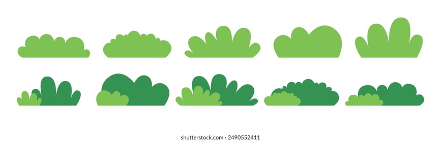 Set of isolated green grass, green bush design flat vector illustration on white background