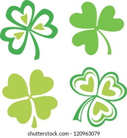 Set of isolated green Irish clovers, vector symbol of Saint Patrick's day