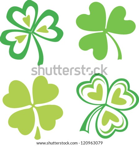 Set of isolated green Irish clovers, vector symbol of Saint Patrick's day