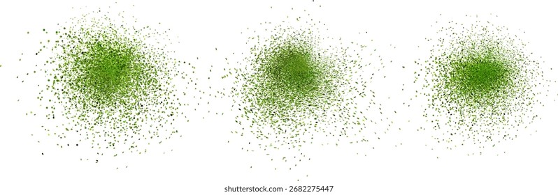  Set of isolated green matcha tea dust and powder splashes with mint spray effect, top view on white background.