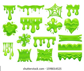 Set of isolated green slime drip or spooky blob, dripping paint or dirty liquid, pouring mucus. Splash and smudge, poison stain, radioactive or toxic splatter background. Goo or bacteria. Halloween