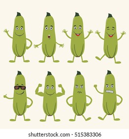 Set of isolated green zucchini in different poses and emotions. 