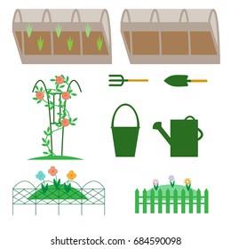 Set of isolated greenhouses, garden tools, lawns with flowers in flat design on a white background. Vector illustration.