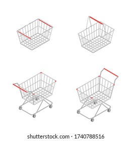 Set of isolated grocery carts and baskets on a white background. Vector isometric illustration.