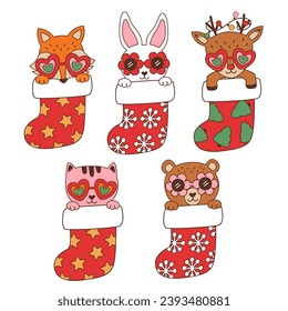 set of isolated groovy animals in Christmas socks 