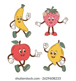 set of isolated groovy banana, strawberry, apple, lemon