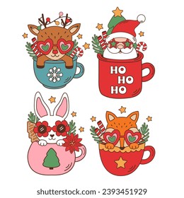 set of isolated groovy Christmas cups with animals and Santa