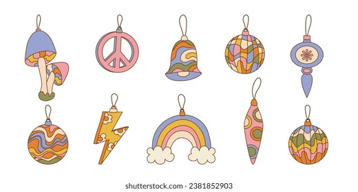 Set isolated groovy hippie Christmas toys in retro style 60s 70s. Flat vector illustration. Festive Christmas decoration. For decoration invitation, banner, stickers, card