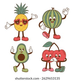 set of isolated groovy pineapple, watermelon, avocado, cherry