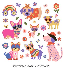 set of isolated groovy retro hippie Dog and flowers
