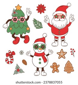 set of isolated groovy retro Santa, snowman, Christmas tree, gingerbread